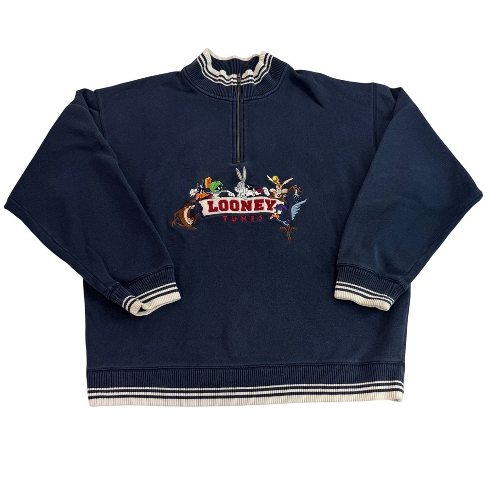 Vintage 1998 Looney Tunes Warner Bros Quarter Zip Sweater Navy Blue Large